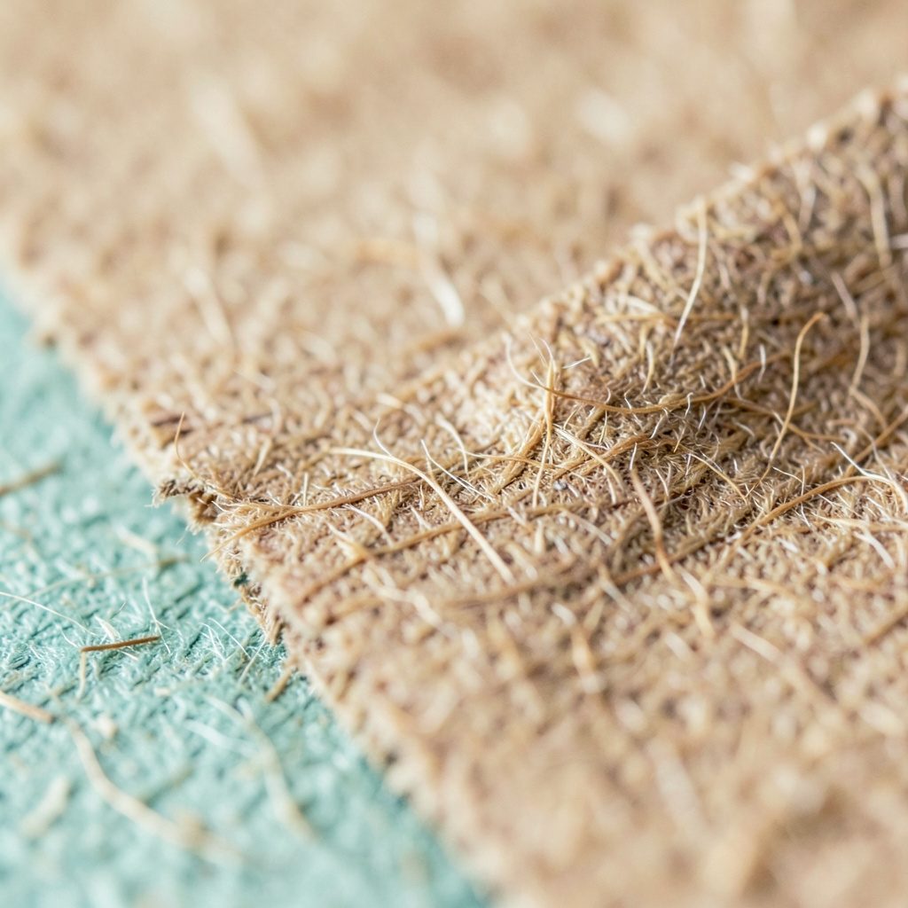 Extreme close-up photograph of uncoated kraft paper with visible natural fibers, warm brown and beige tones