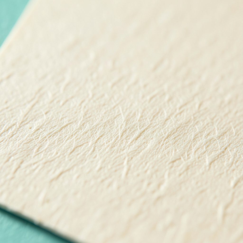 Extreme close-up photograph of textured cream paper with subtle fibrous grain, soft ivory tones, and a warm matte surface