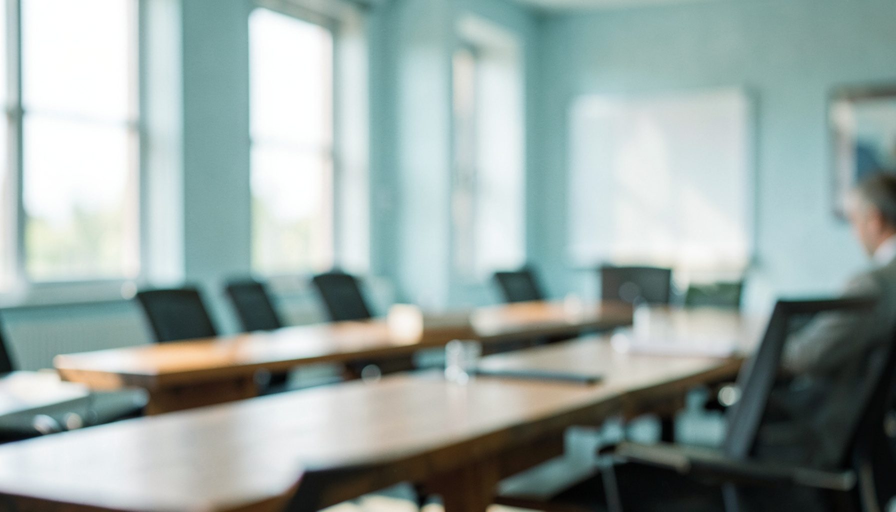 A soft-focus photograph of a sunlit conference room with large windows, pale blue walls, and wooden tables, conveying thoughtful discussion