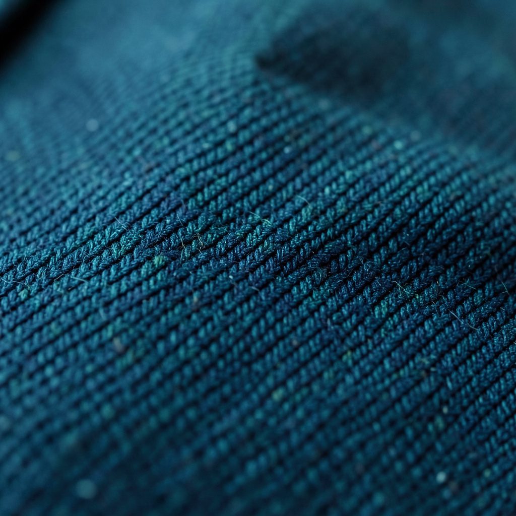 Extreme close-up photograph of finely woven navy wool suiting fabric, showing the diagonal twill texture and subtle sheen under soft diffused light.