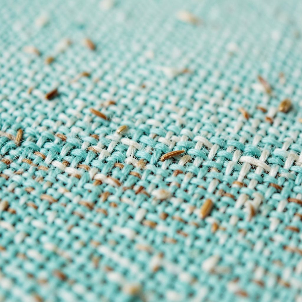 Extreme close-up of unbleached organic cotton canvas, showing the irregular weave pattern and tiny natural seed flecks in warm earthy tones.