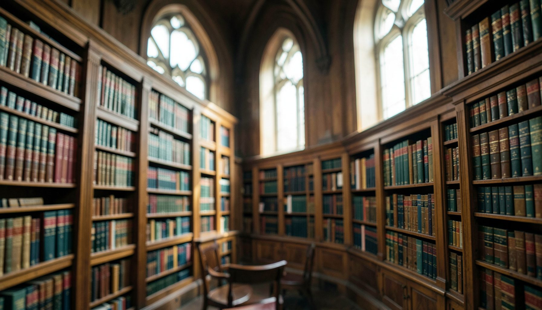 A wide panoramic photograph of a historic European library interior with warm wood panelling, rows of leather-bound books, and soft natural light filtering through tall arched windows, conveying scholarly tradition and liberal thought