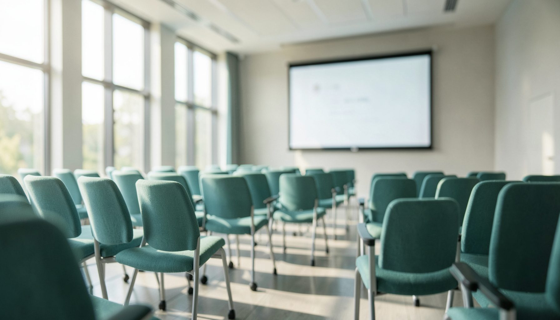 A wide atmospheric photograph of a sunlit conference room with rows of chairs and a presentation screen, soft natural light streaming through tall windows, calm and professional mood